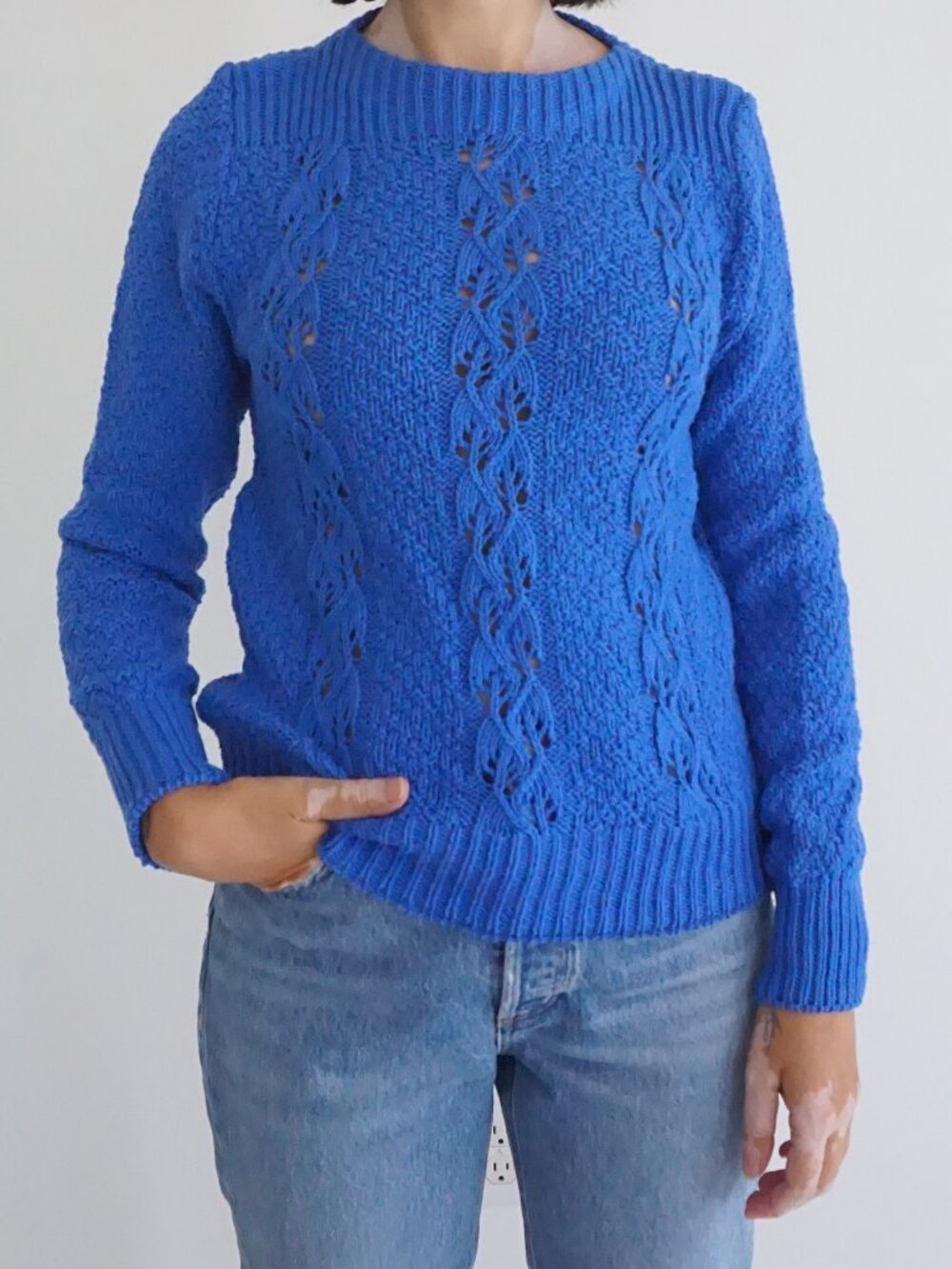 Vintage Cross Country Knits Cobalt Blue Cable Fisherman Cotton Knit Sweater M